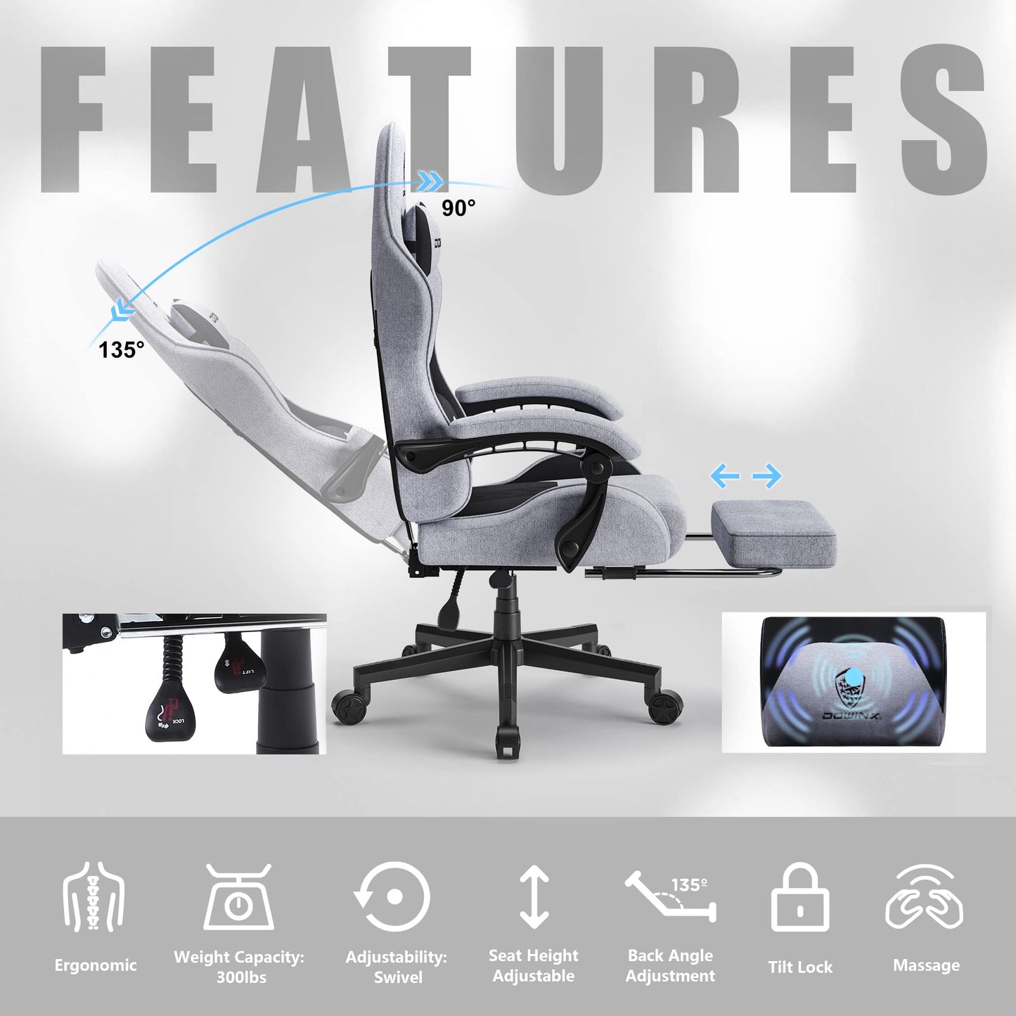 Dowinx Gaming Chair Fabric with Pocket Spring Cushion, Massage Game Chair Cloth with Headrest, Ergonomic Computer Chair with Footrest 290LBS, Black and Grey