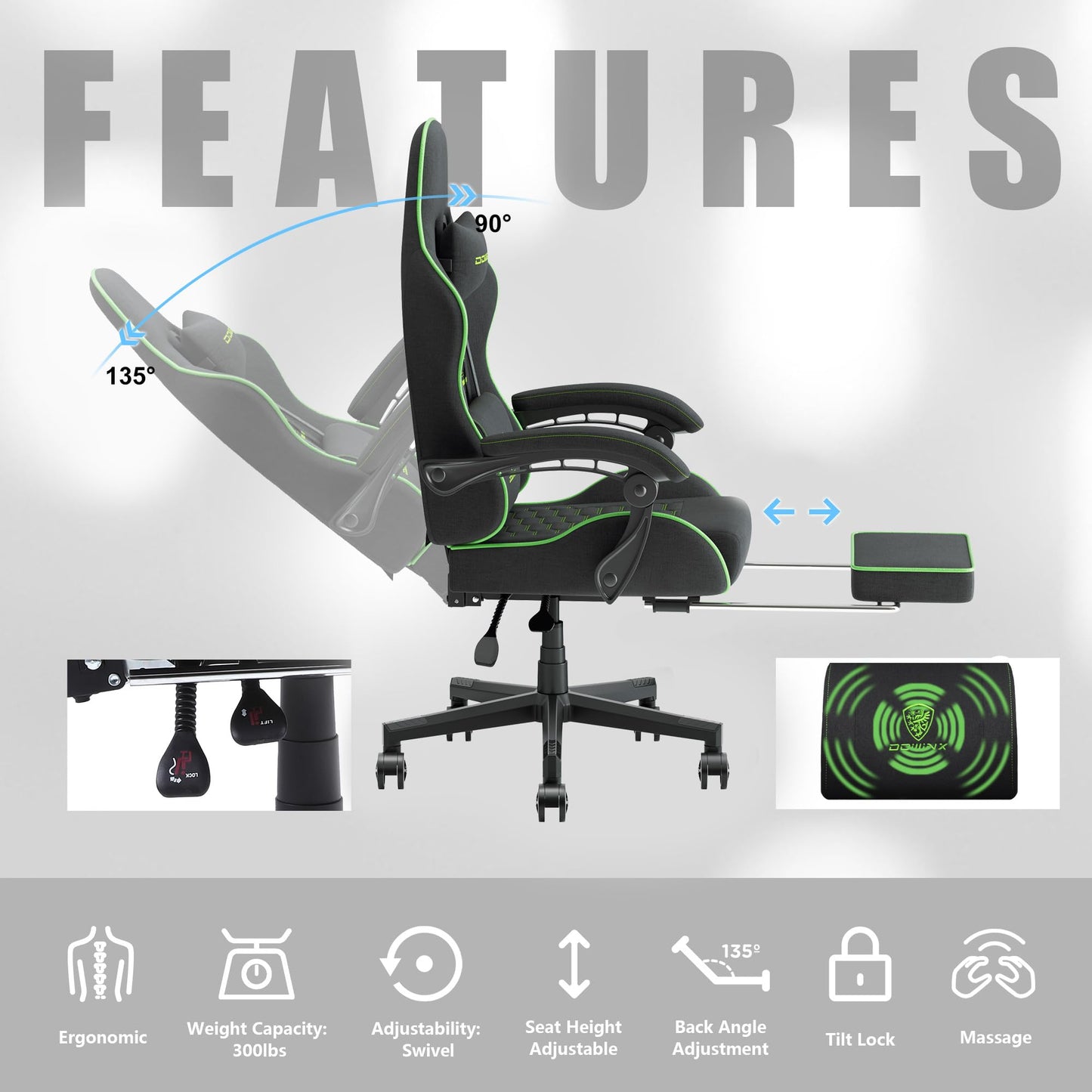 Dowinx Gaming Chair Fabric with Pocket Spring Cushion, Massage Game Chair Cloth with Headrest, Ergonomic Computer Chair with Footrest 290LBS, Black Green