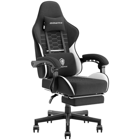 Dowinx Gaming Chair Fabric with Pocket Spring Cushion, Massage Game Chair Cloth with Headrest, Ergonomic Computer Chair with Footrest 290LBS, Black White