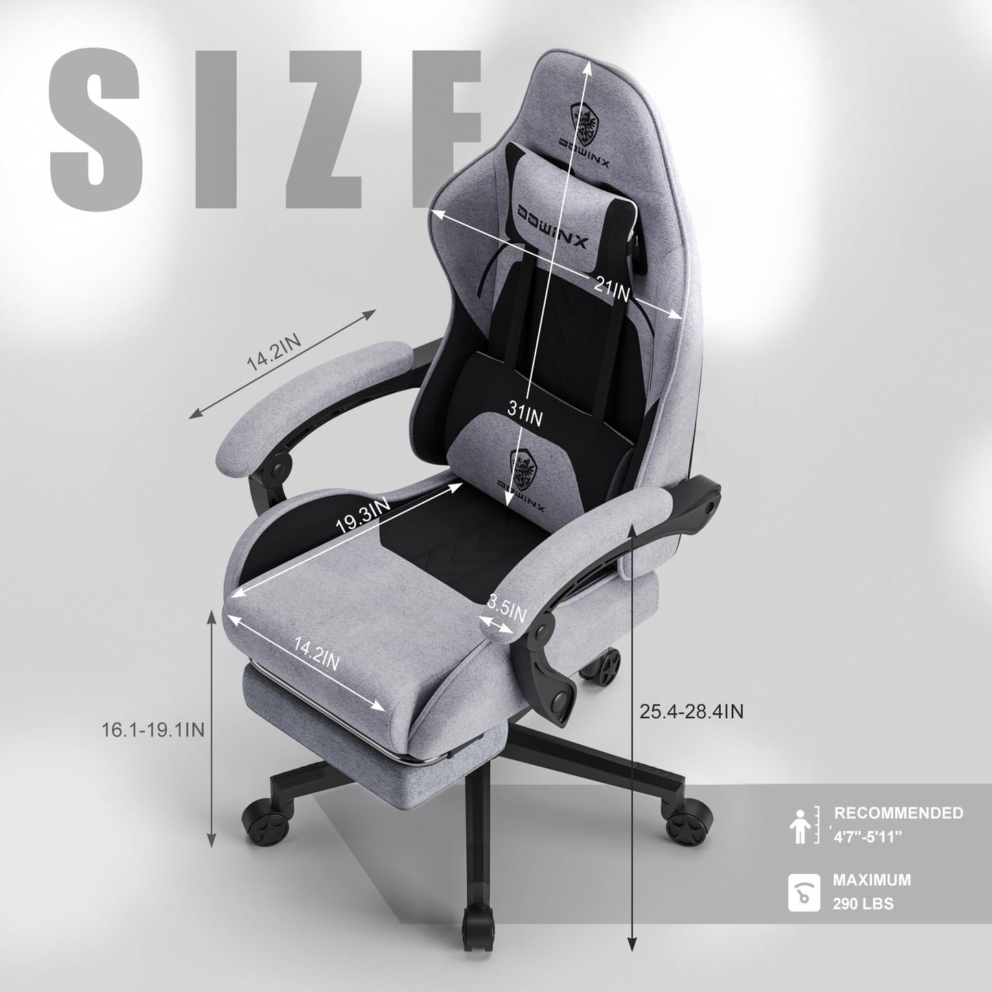 Dowinx Gaming Chair Fabric with Pocket Spring Cushion, Massage Game Chair Cloth with Headrest, Ergonomic Computer Chair with Footrest 290LBS, Black and Grey