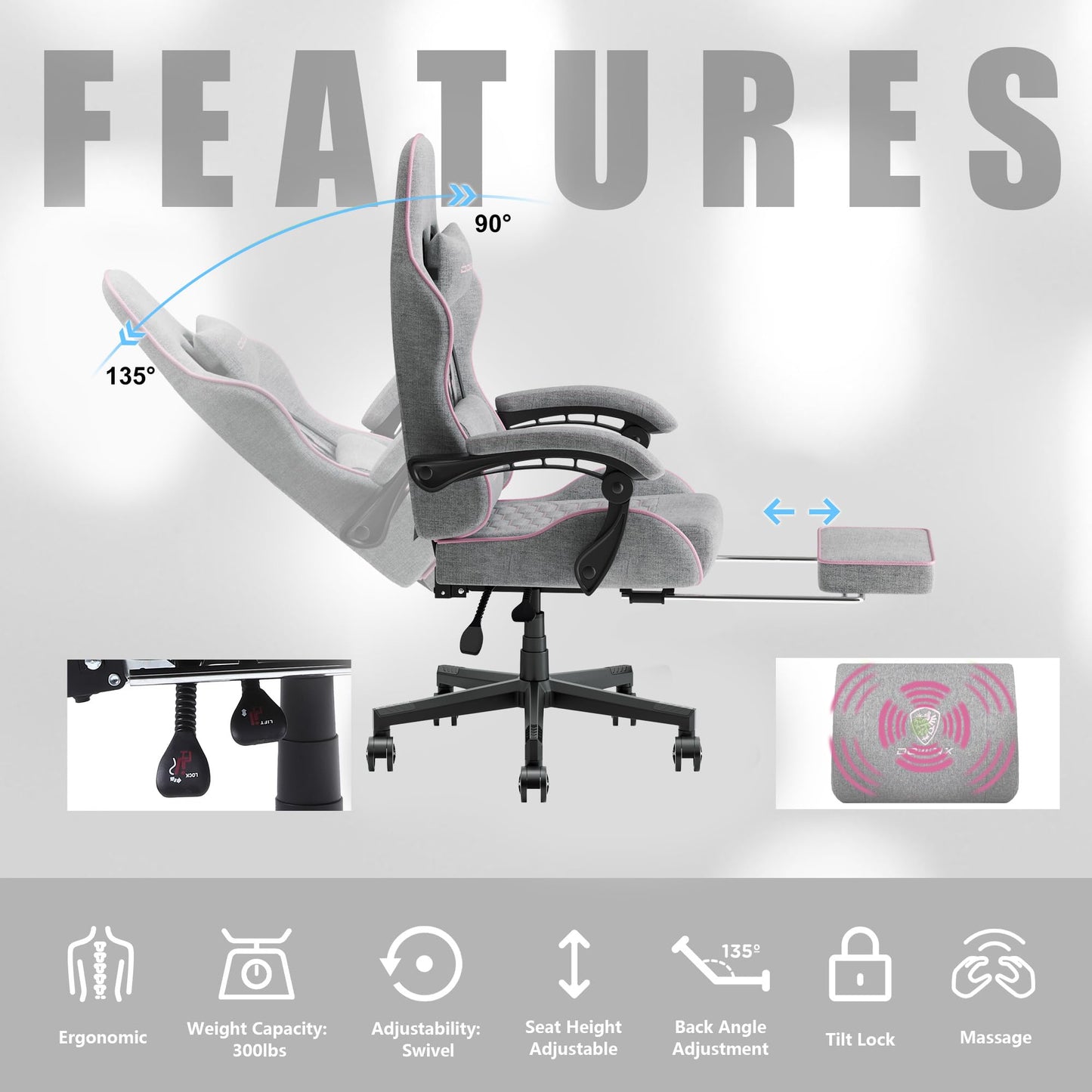 Dowinx Gaming Chair Fabric with Pocket Spring Cushion, Massage Game Chair Cloth with Headrest, Ergonomic Computer Chair with Footrest 290LBS, Pink and Grey