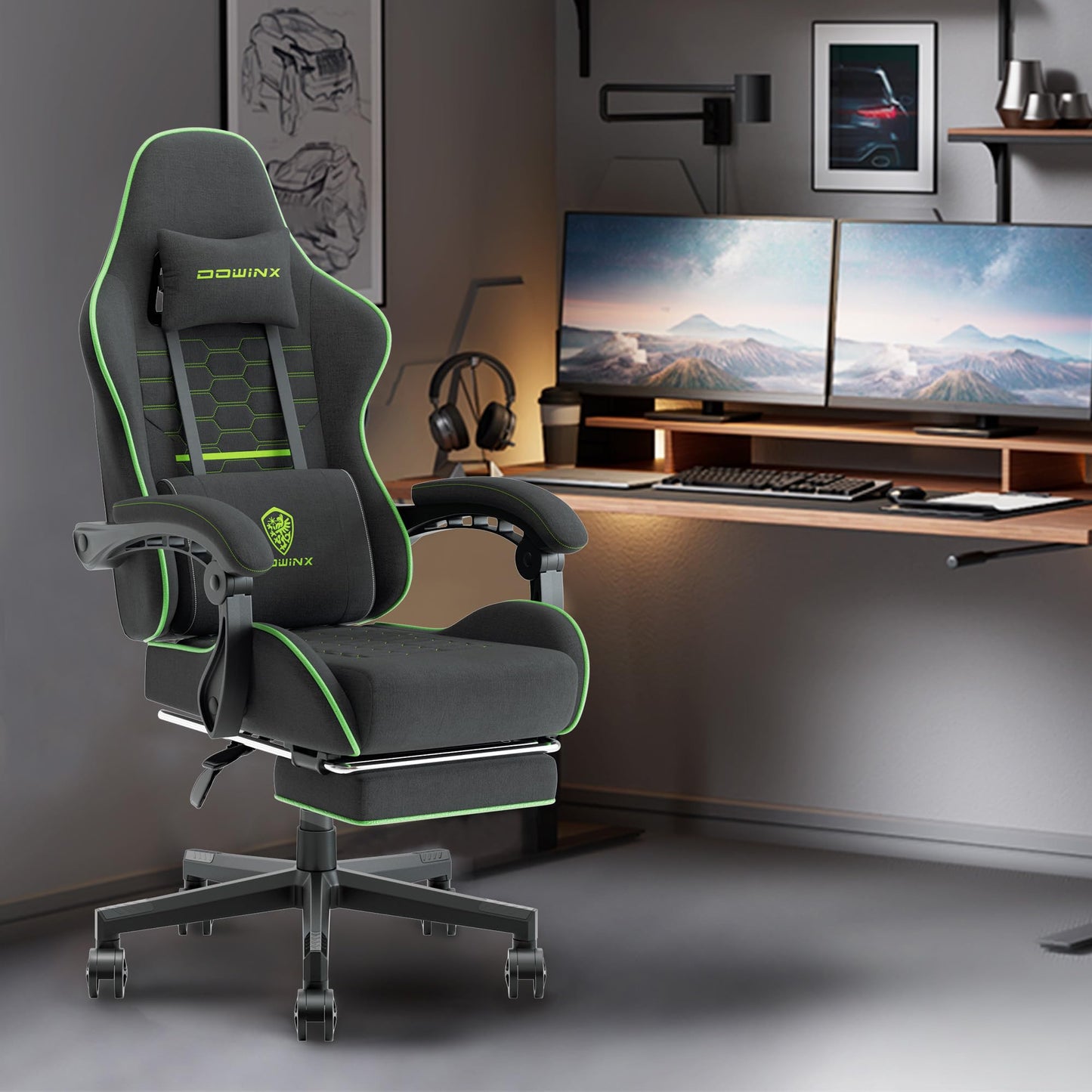 Dowinx Gaming Chair Fabric with Pocket Spring Cushion, Massage Game Chair Cloth with Headrest, Ergonomic Computer Chair with Footrest 290LBS, Black Green