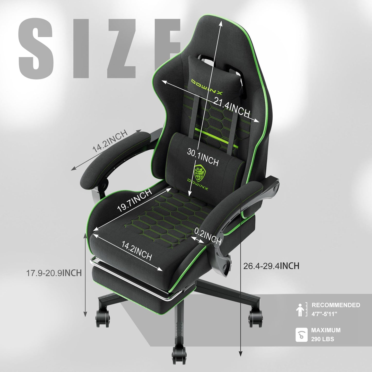 Dowinx Gaming Chair Fabric with Pocket Spring Cushion, Massage Game Chair Cloth with Headrest, Ergonomic Computer Chair with Footrest 290LBS, Black Green