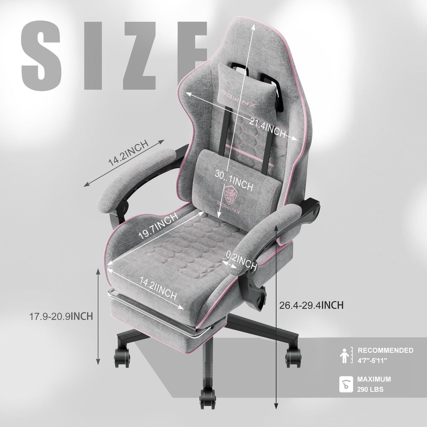 Dowinx Gaming Chair Fabric with Pocket Spring Cushion, Massage Game Chair Cloth with Headrest, Ergonomic Computer Chair with Footrest 290LBS, Pink and Grey