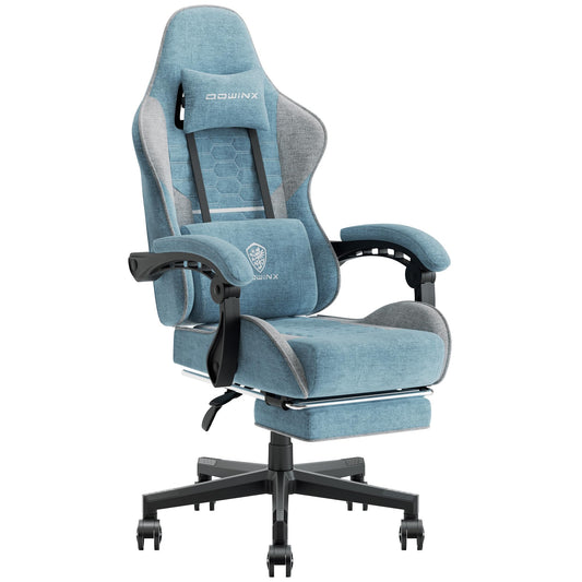 Dowinx Gaming Chair Fabric with Pocket Spring Cushion, Massage Game Chair Cloth with Headrest, Ergonomic Computer Chair with Footrest 290LBS, Blue and Grey